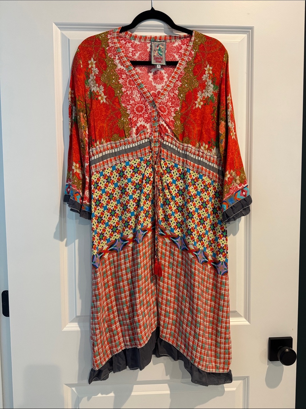 Johnny Was Red Multi-Pattern Boho Dress